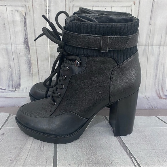 Antonio Melani Size 7.5M 7.5 Black Leather Lace Up Chunky Ankle Booties Zip - Picture 8 of 15